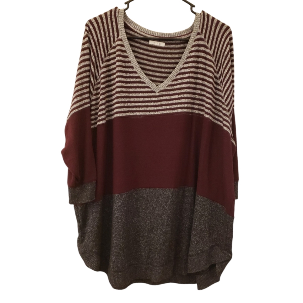 Maurices Striped V-Neck Colorblock Sweater - Burgundy, Cream, Gray